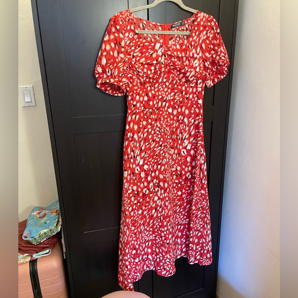 Nasty Gal Red and White Patterned Midi Dress